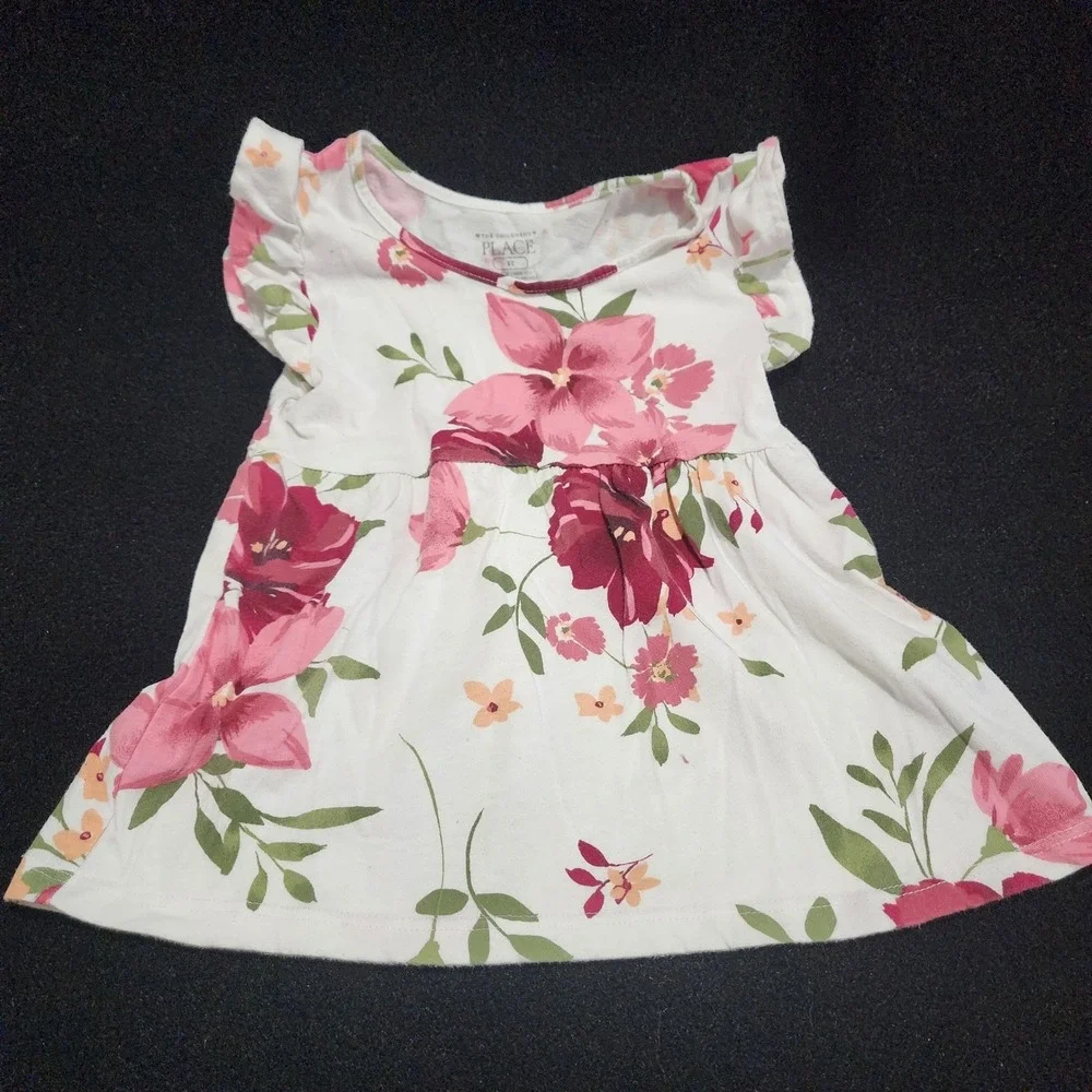 The Childrens Place Girls White Floral‎ Ruffle Sleeve Dress Size 2T
